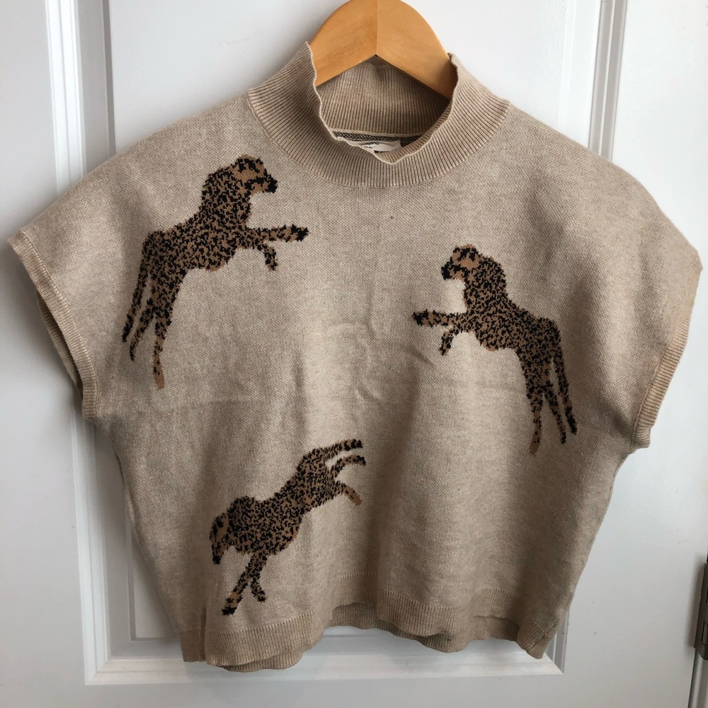 Entro Cream Beige Knit Leopard Motif Sweater Blouse Top Women’s Large - Picture 2 of 7